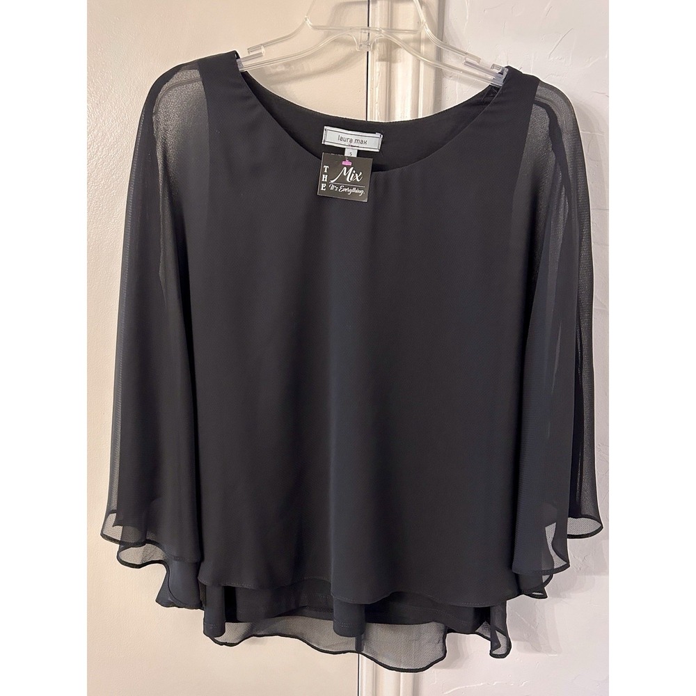 Laura Max Black Sheer Poncho Style Blouse - size Small